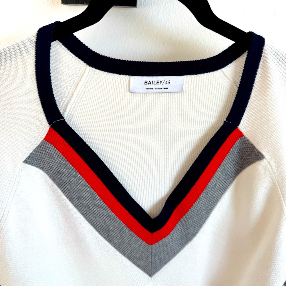 Bailey 44 White V-Neck Sweater with Navy, Gray & Red Trim